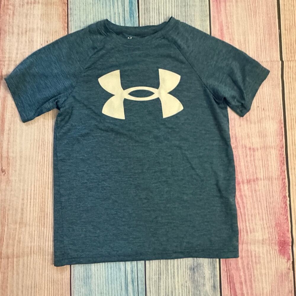 Under Armour Boys Youth Medium 10-12 Blue Short Sleeve Athletic Top EUC